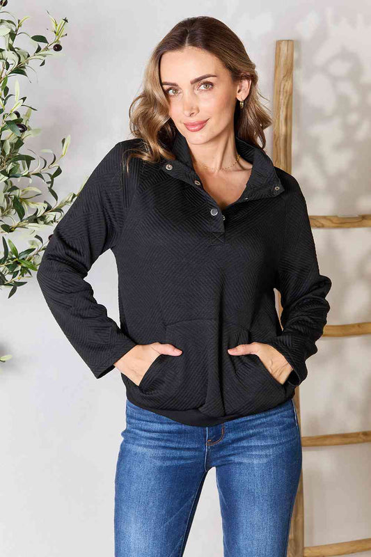 Double Take Half Buttoned Collared Neck Sweatshirt with Pocket Luvéillé