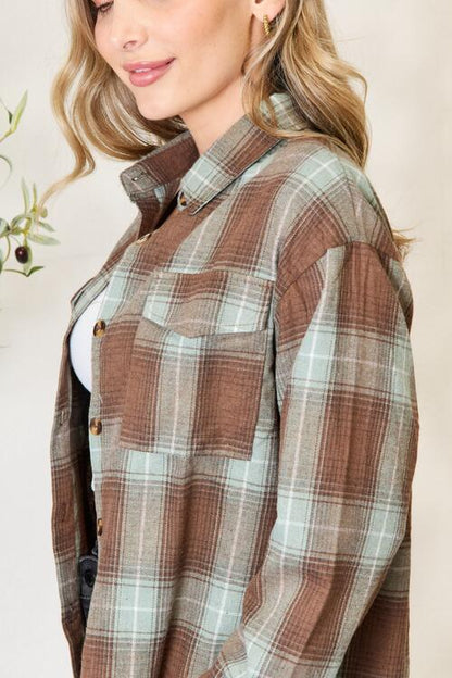 Double Take Plaid Dropped Shoulder Shirt Luvéillé