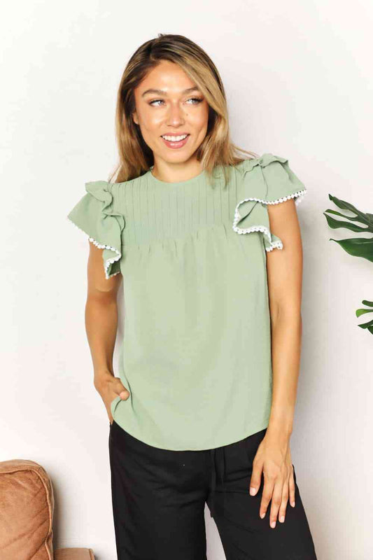 Double Take Pleated Detail Flutter Sleeve Blouse Luvéillé