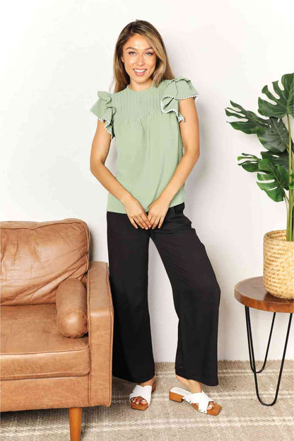 Double Take Pleated Detail Flutter Sleeve Blouse Luvéillé