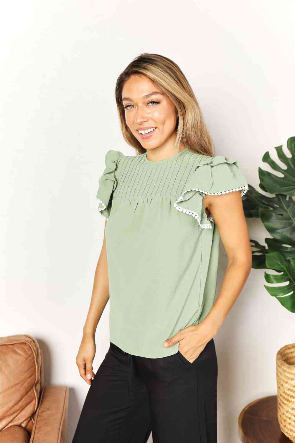 Double Take Pleated Detail Flutter Sleeve Blouse Luvéillé