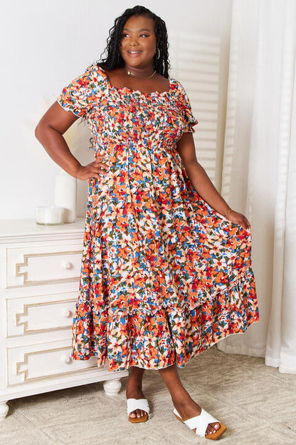Double Take Plus Size Floral Smocked Square Neck Dress Luvéillé