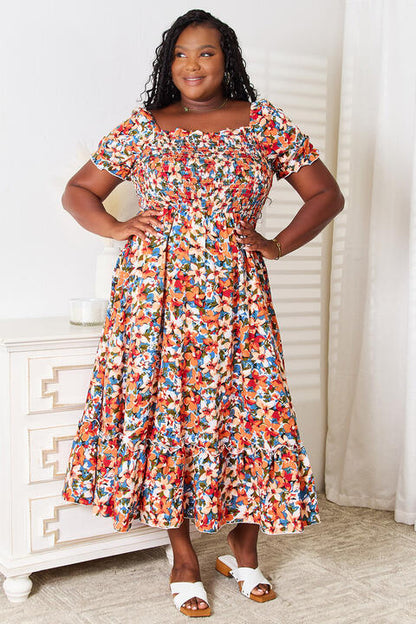 Double Take Plus Size Floral Smocked Square Neck Dress Luvéillé