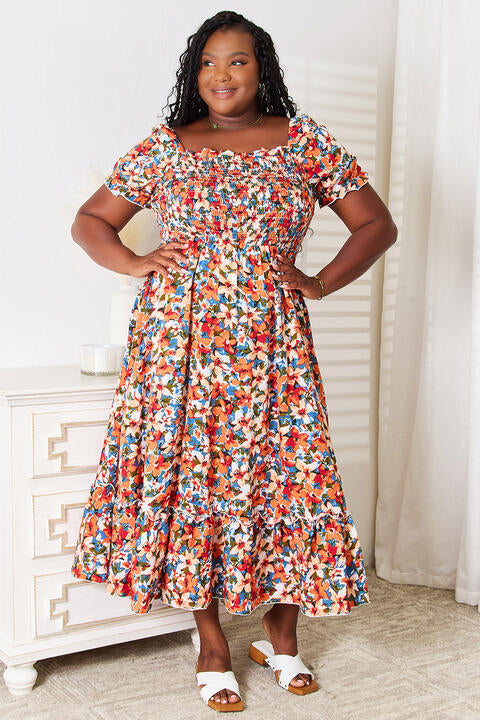 Double Take Plus Size Floral Smocked Square Neck Dress Luvéillé
