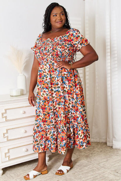 Double Take Plus Size Floral Smocked Square Neck Dress Luvéillé
