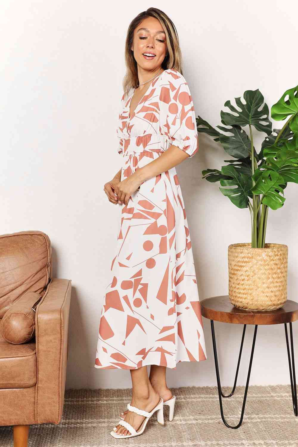 Double Take Printed Surplice Balloon Sleeve Dress Luvéillé