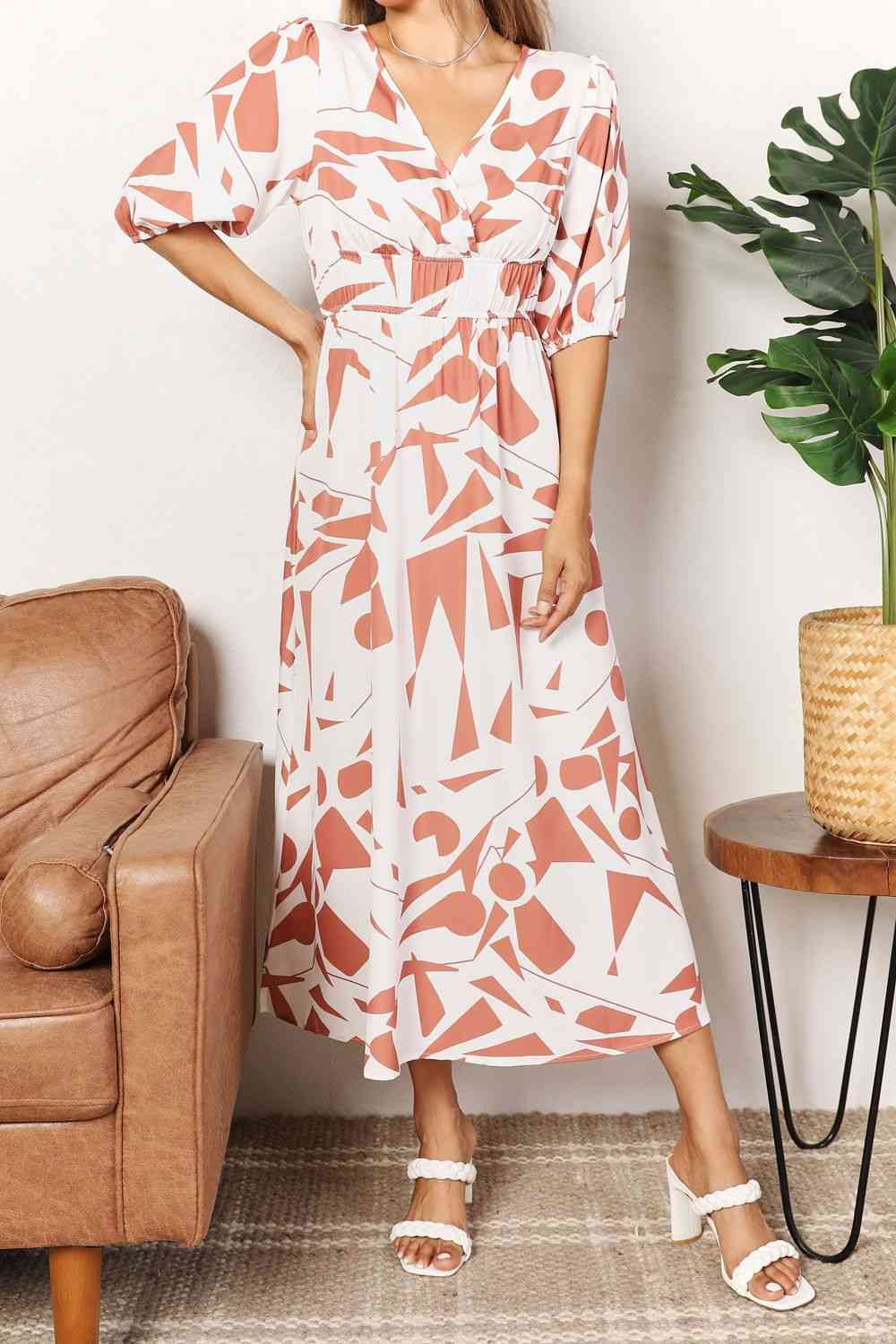 Double Take Printed Surplice Balloon Sleeve Dress Luvéillé