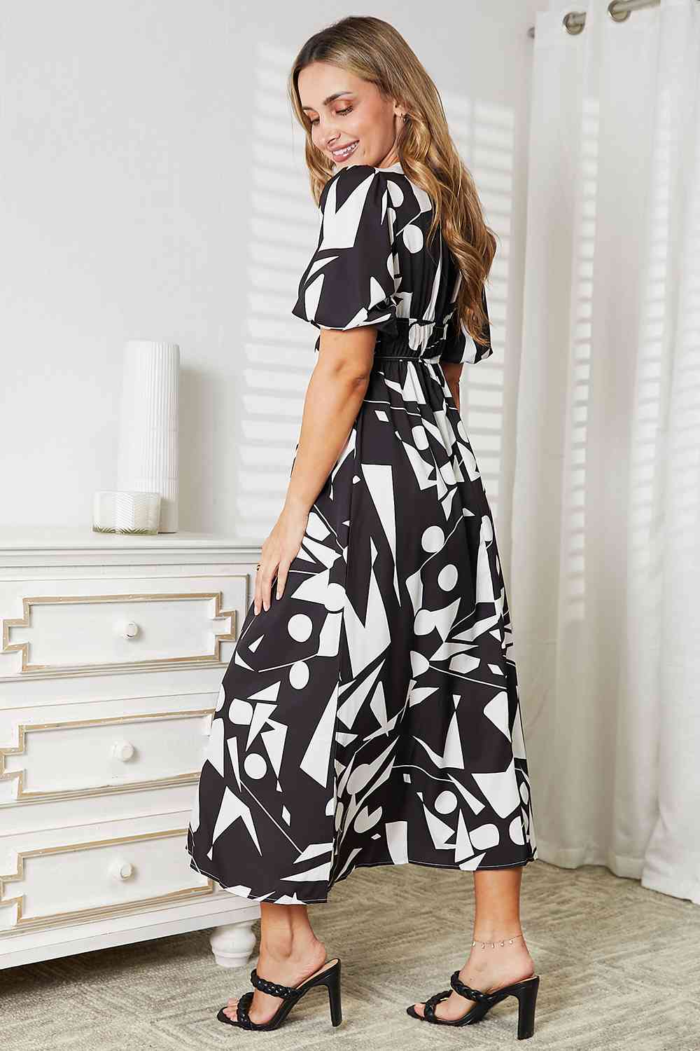 Double Take Printed Surplice Balloon Sleeve Dress Luvéillé
