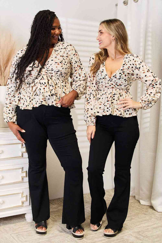 Double Take Printed Tied Plunge Peplum Blouse Luvéillé