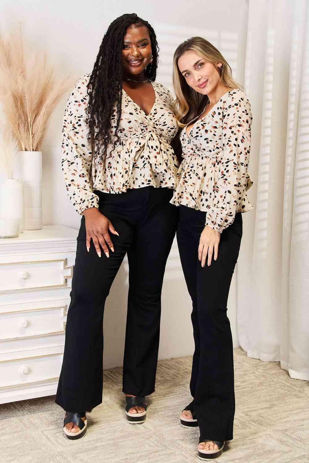 Double Take Printed Tied Plunge Peplum Blouse Luvéillé