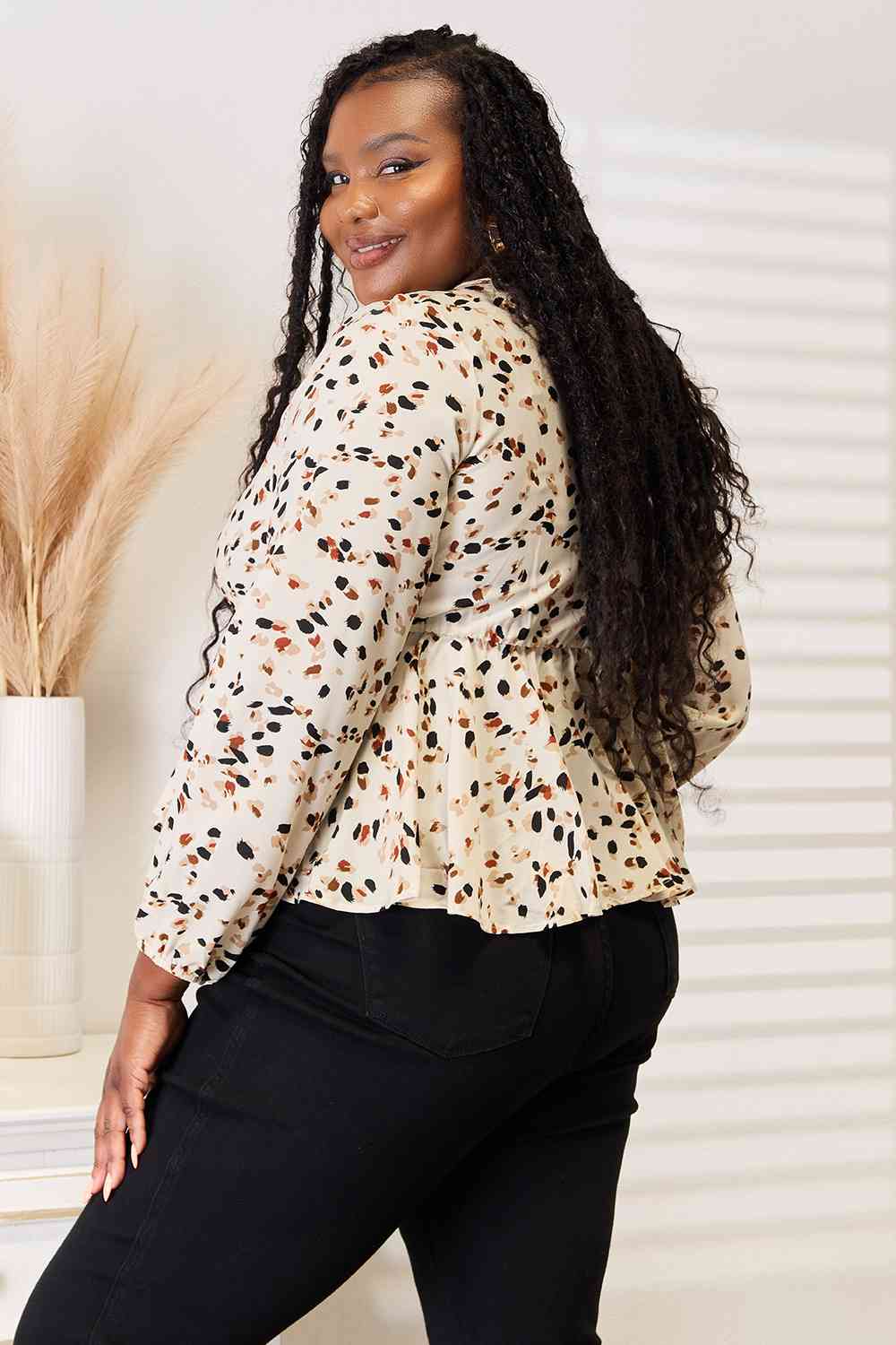 Double Take Printed Tied Plunge Peplum Blouse Luvéillé