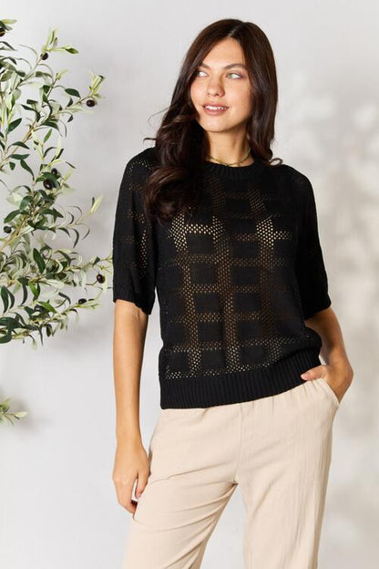 Double Take Ribbed Trim Round Neck Knit Top Luvéillé