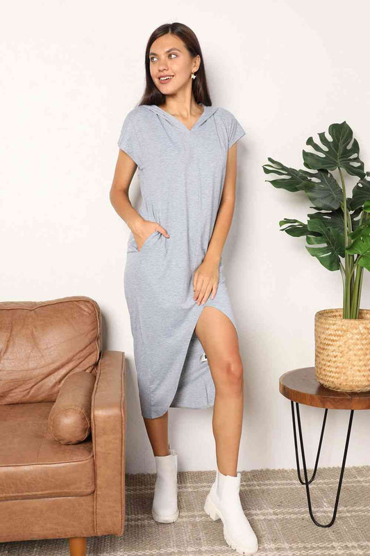 Double Take Short Sleeve Front Slit Hooded Dress Luvéillé