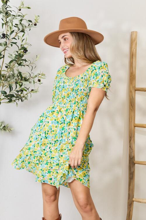 Double Take Smocked Scoop Neck Flounce Sleeve Mini Dress Luvéillé