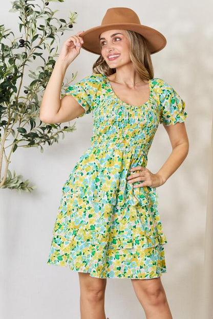 Double Take Smocked Scoop Neck Flounce Sleeve Mini Dress Luvéillé