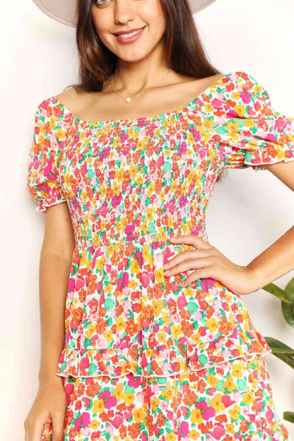 Double Take Smocked Sweetheart Neck Flounce Sleeve Mini Dress Luvéillé