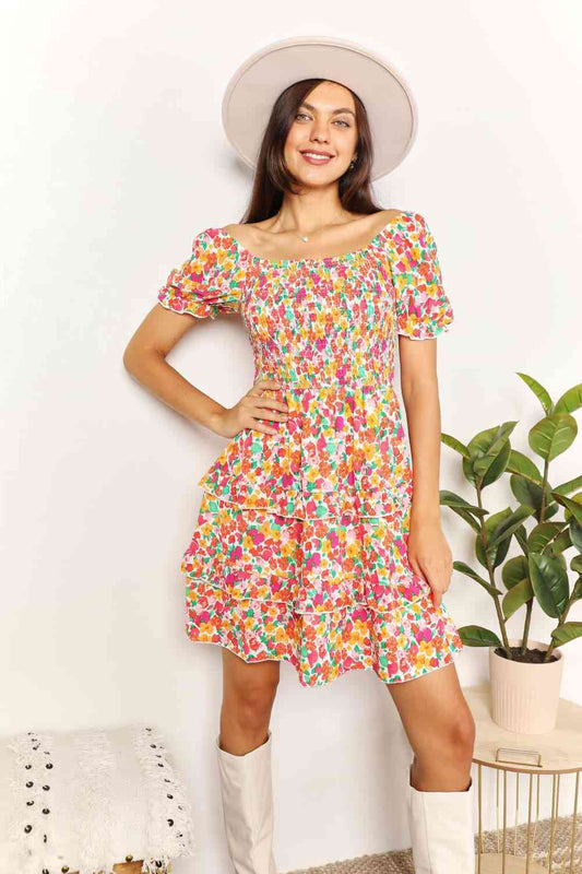 Double Take Smocked Sweetheart Neck Flounce Sleeve Mini Dress Luvéillé