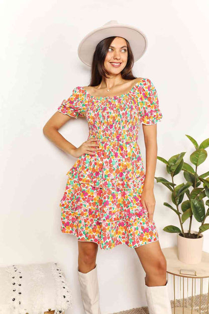 Double Take Smocked Sweetheart Neck Flounce Sleeve Mini Dress Luvéillé