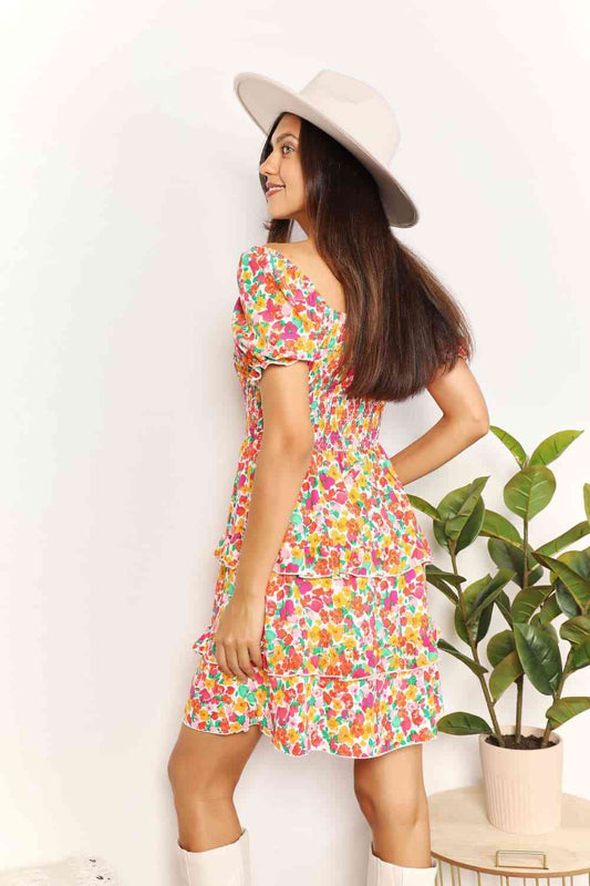 Double Take Smocked Sweetheart Neck Flounce Sleeve Mini Dress Luvéillé