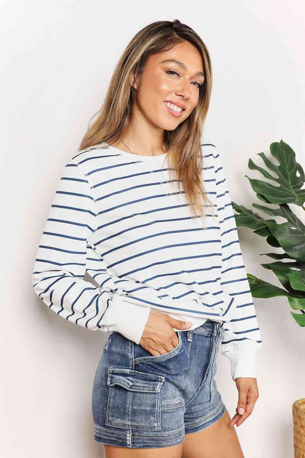 Double Take Striped Long Sleeve Round Neck Top Luvéillé