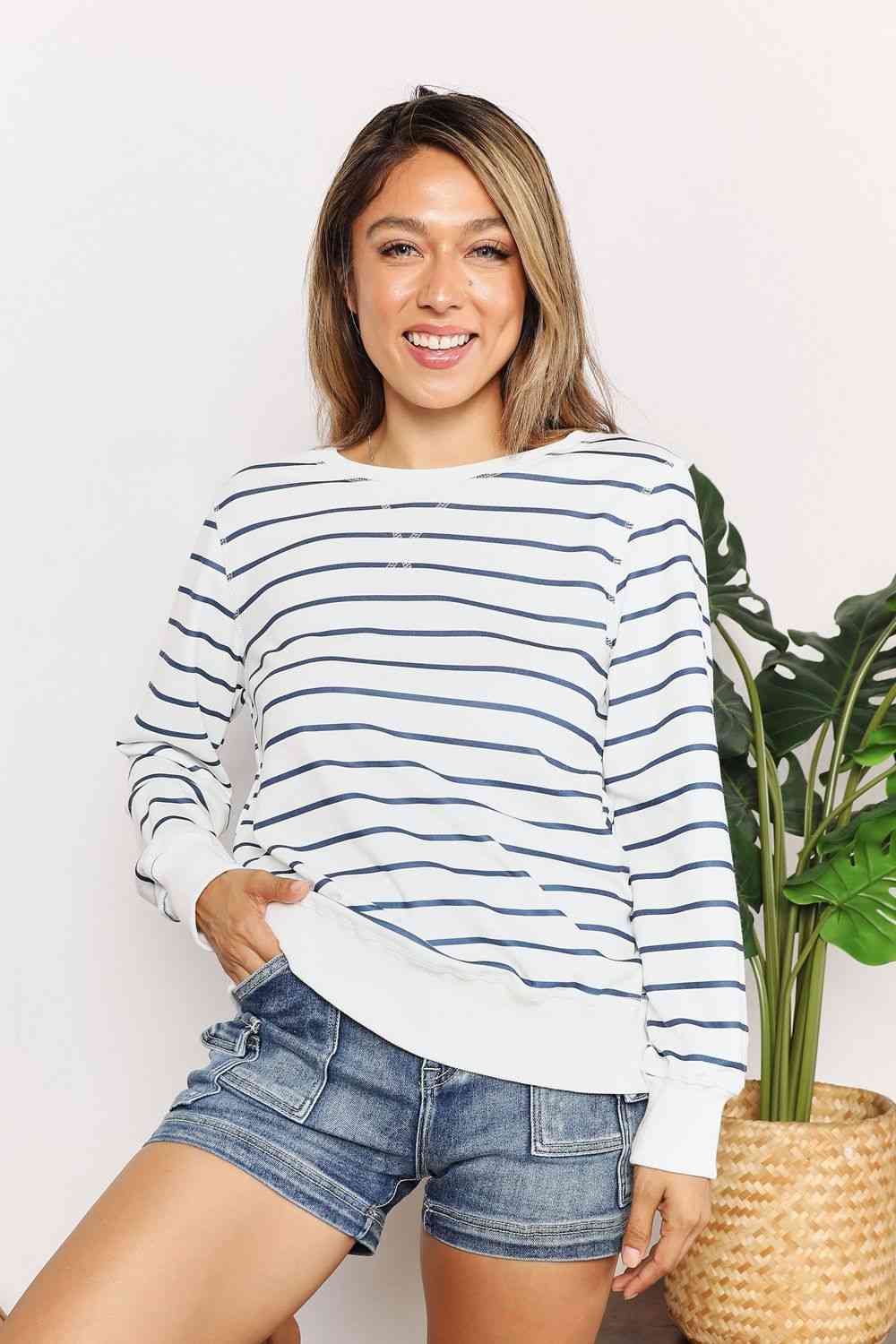 Double Take Striped Long Sleeve Round Neck Top Luvéillé