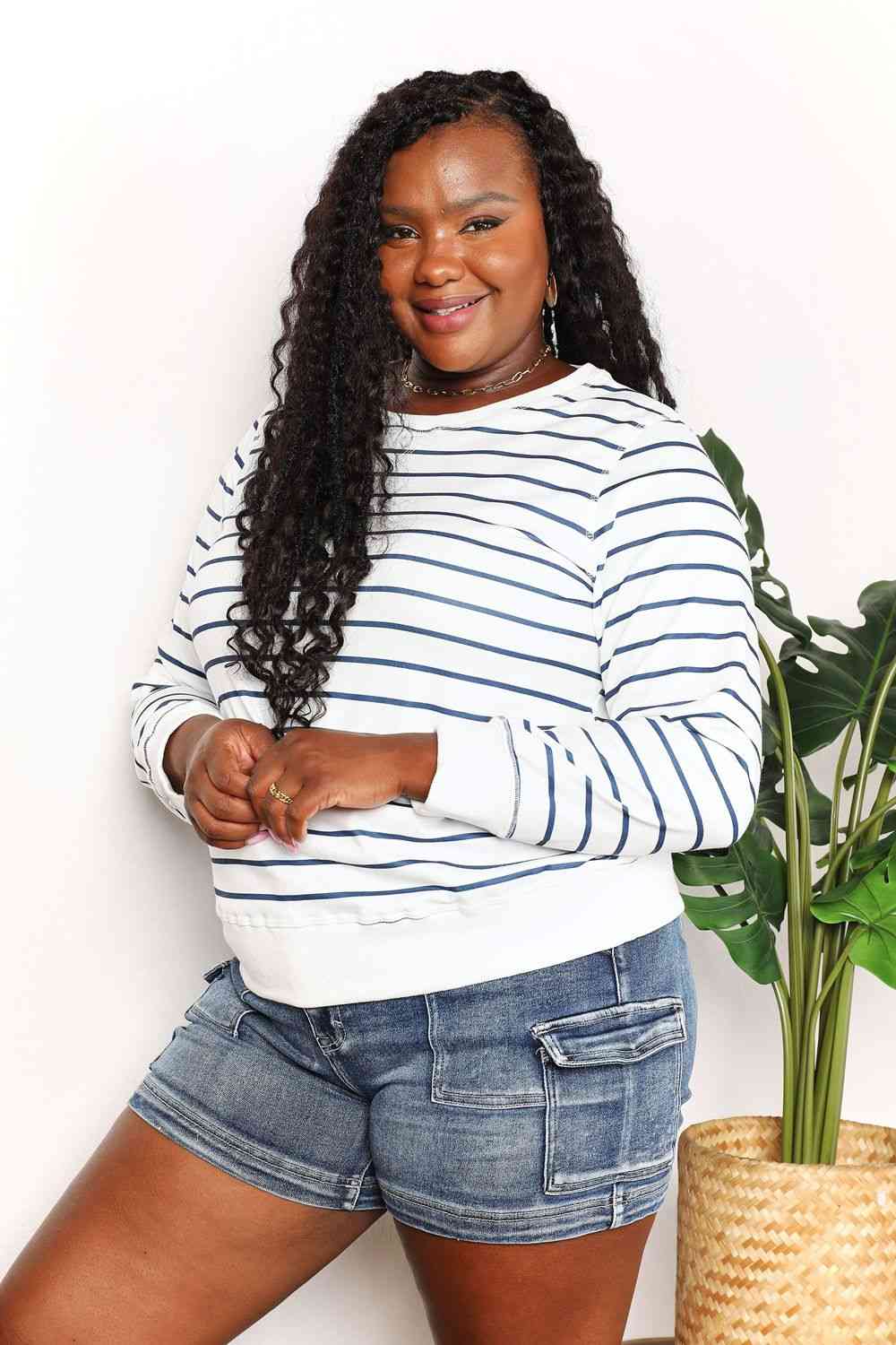 Double Take Striped Long Sleeve Round Neck Top Luvéillé