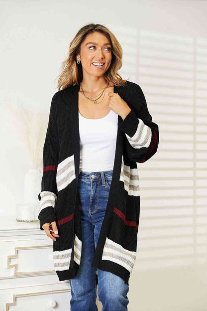Double Take Striped Rib-Knit Drop Shoulder Open Front Cardigan Luvéillé