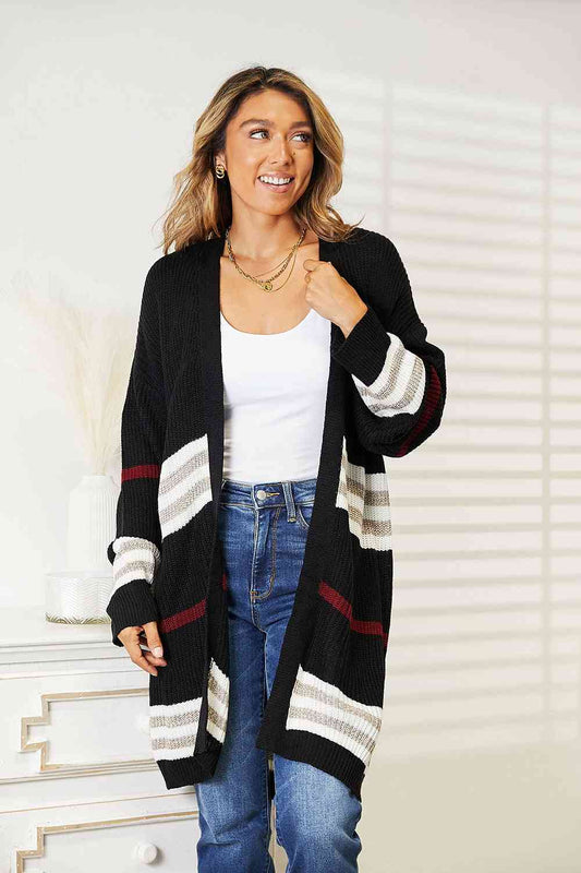 Double Take Striped Rib-Knit Drop Shoulder Open Front Cardigan Luvéillé