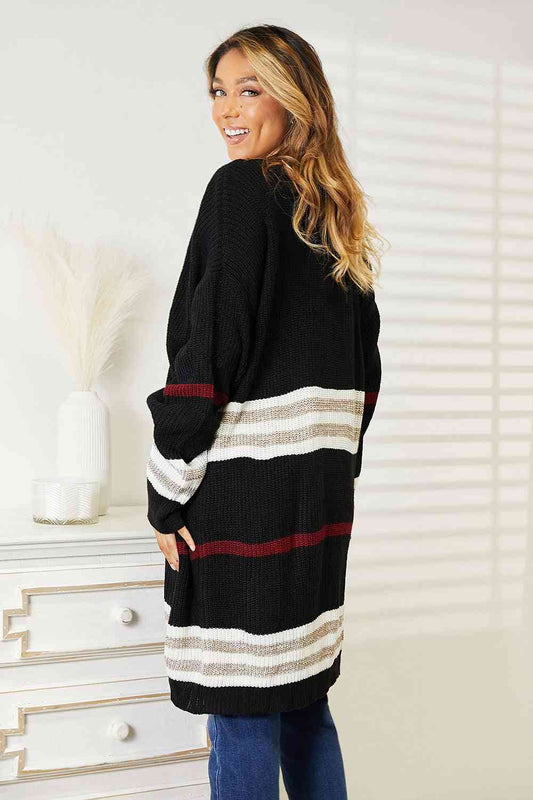 Double Take Striped Rib-Knit Drop Shoulder Open Front Cardigan Luvéillé