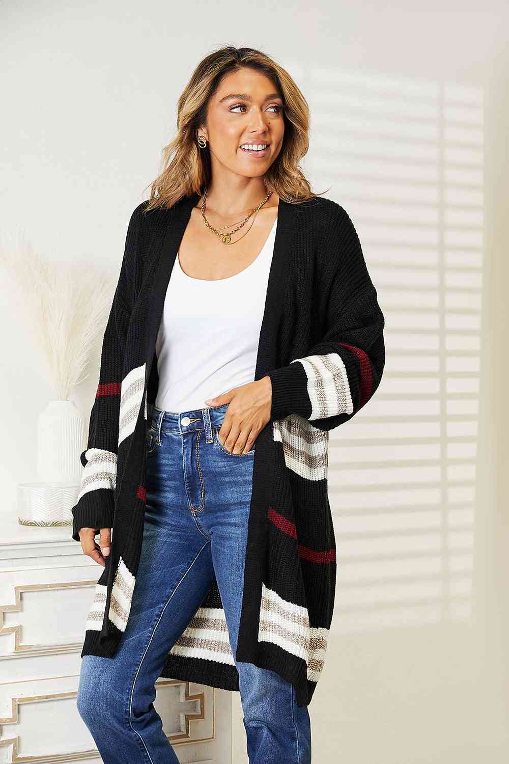 Double Take Striped Rib-Knit Drop Shoulder Open Front Cardigan Luvéillé