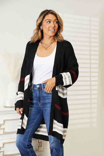 Double Take Striped Rib-Knit Drop Shoulder Open Front Cardigan Luvéillé
