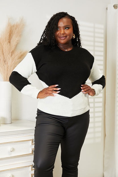 Double Take Two-Tone Openwork Rib-Knit Sweater Luvéillé