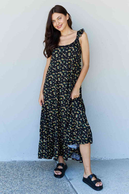 Doublju In The Garden Ruffle Floral Maxi Dress in Black Yellow Floral Luvéillé