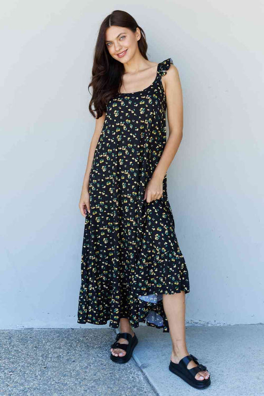 Doublju In The Garden Ruffle Floral Maxi Dress in Black Yellow Floral Luvéillé