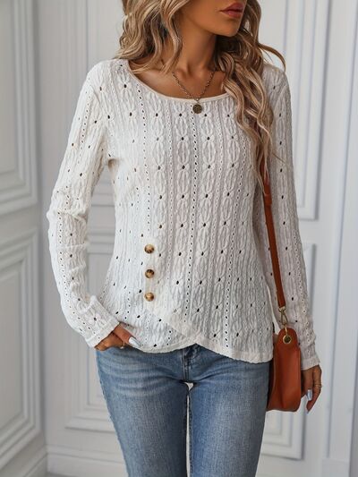 Eyelet Boat Neck Long Sleeve Blouse Luvéillé