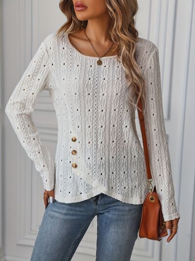 Eyelet Boat Neck Long Sleeve Blouse Luvéillé