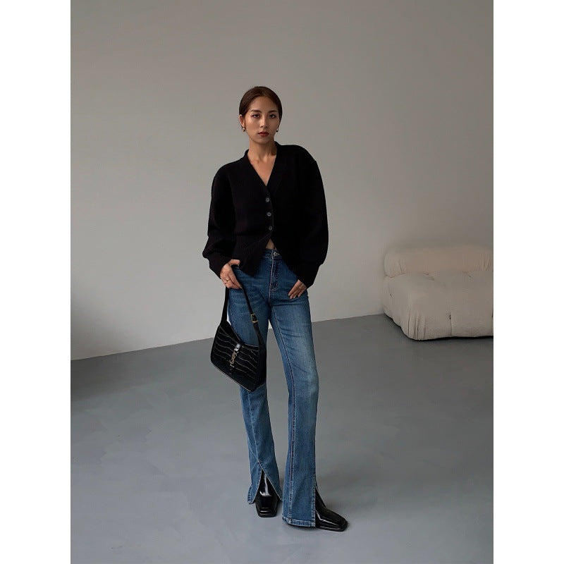 Fashion V-neck Sweater Coat Women New Style Short Long Sleeves Luvéillé