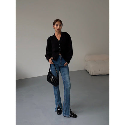 Fashion V-neck Sweater Coat Women New Style Short Long Sleeves Luvéillé