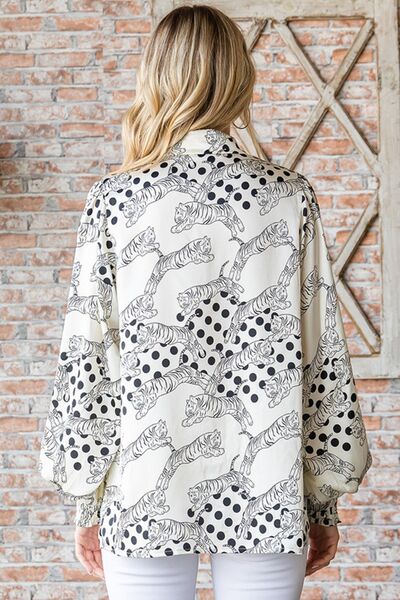 First Love Tiger Print Collared Neck Long Sleeve Satin Shirt Luvéillé