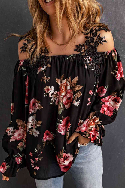 Floral Lace Cold-Shoulder Flounce Sleeve Blouse Luvéillé