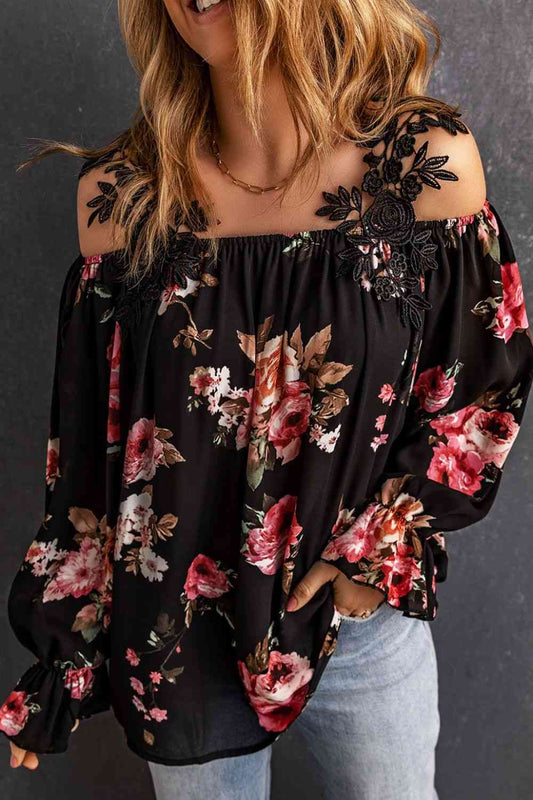 Floral Lace Cold-Shoulder Flounce Sleeve Blouse Luvéillé