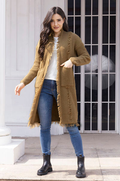 Fringe Trim Open Front Cardigan with Pockets Luvéillé