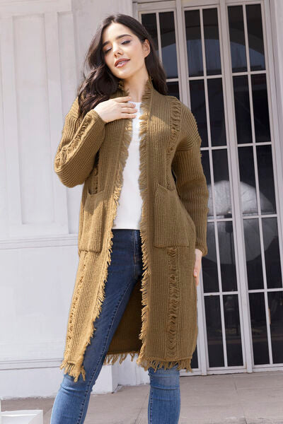 Fringe Trim Open Front Cardigan with Pockets Luvéillé
