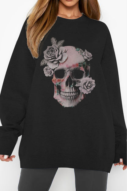 Full Size Dropped Shoulder SKULL Graphic Sweatshirt Luvéillé