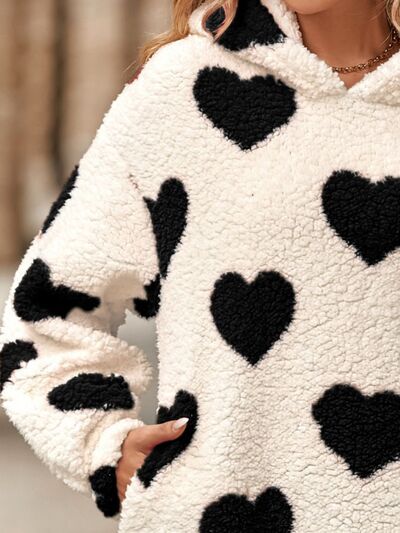 Fuzzy Heart Pocketed Dropped Shoulder Hoodie Luvéillé