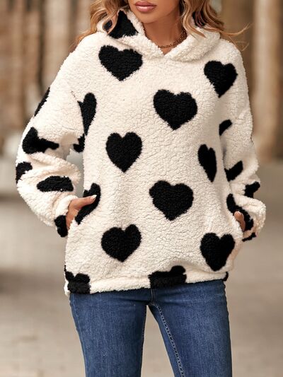 Fuzzy Heart Pocketed Dropped Shoulder Hoodie Luvéillé