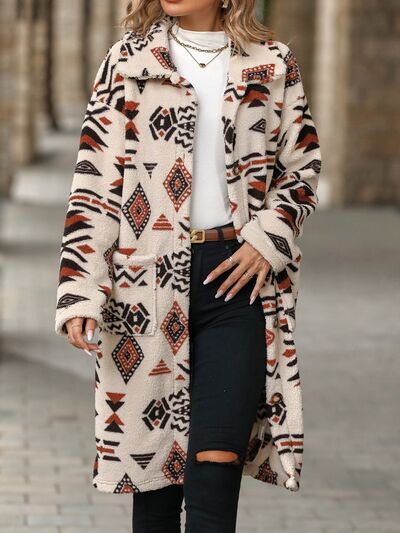Geometric Pocketed Dropped Shoulder Coat Luvéillé