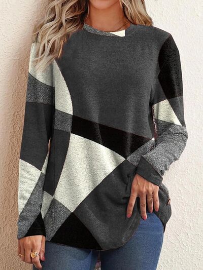 Geometric Round Neck Long Sleeve T-Shirt Luvéillé