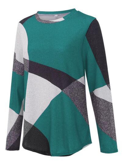Geometric Round Neck Long Sleeve T-Shirt Luvéillé