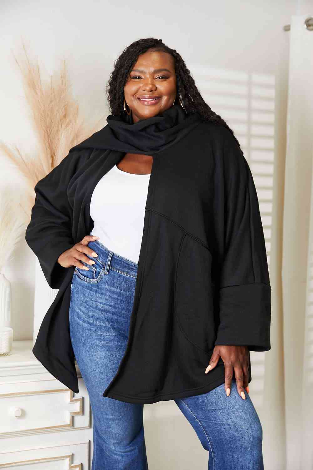 HEYSON Full Size Open Front Cardigan with Scarf Design Luvéillé